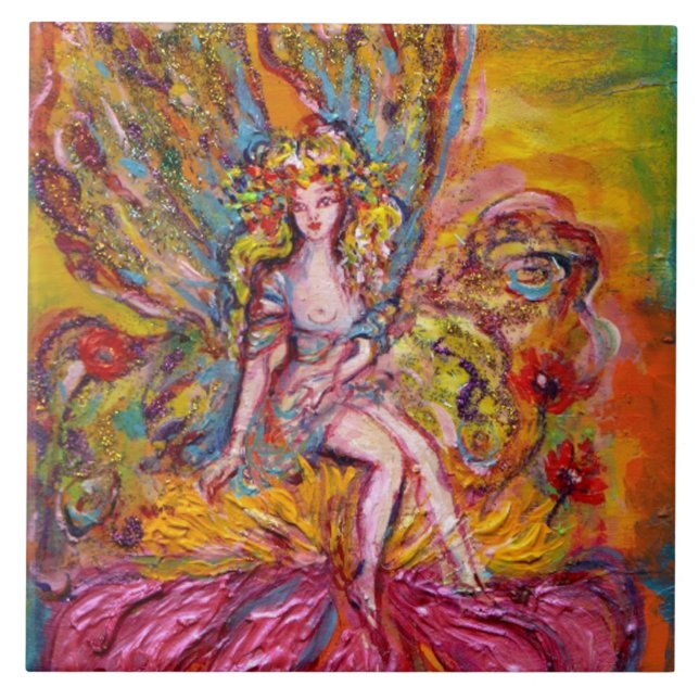 FLOWER FAIRY ON THE PINK IRIS fantasy Ceramic Tile (Front)