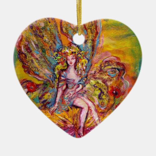 FLOWER FAIRY ON THE PINK IRIS Fantasy Purple Heart Ceramic Ornament