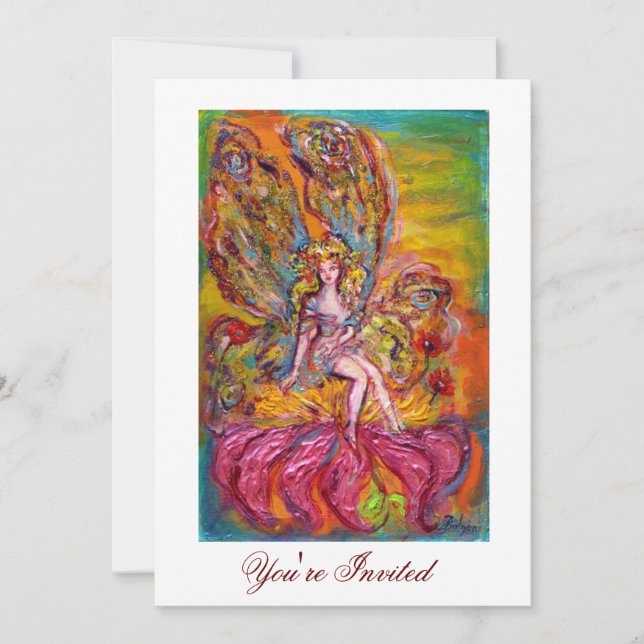 FLOWER FAIRY ON THE PINK IRIS Fantasy Yellow White Invitation (Front)
