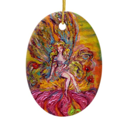 FLOWER FAIRY ON THE PINK IRIS Purple Gem Fantasy Ceramic Ornament