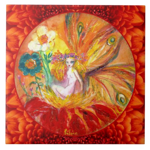 FLOWER FAIRY Red Yellow Fantasy  Ceramic Tile