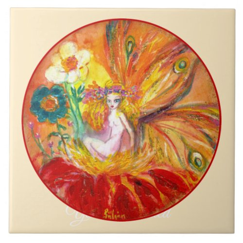 FLOWER FAIRY Red Yellow Floral Fantasy ivory Ceramic Tile
