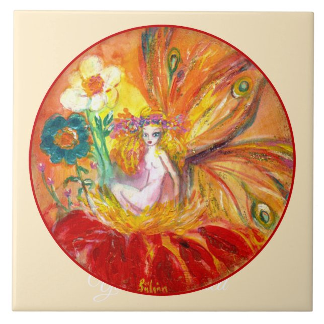 FLOWER FAIRY Red Yellow Floral Fantasy ivory Ceramic Tile (Front)