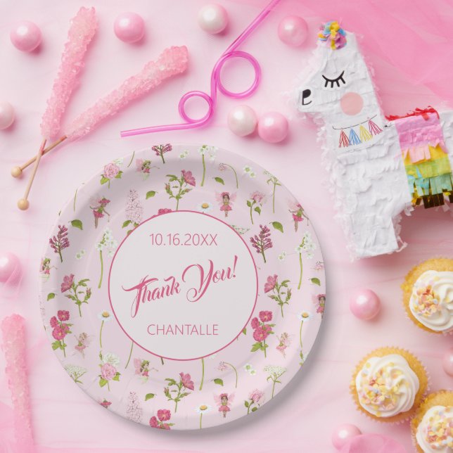 Flower Fairy Thank You Name Date Paper Plates (Party)