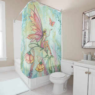Kids Girls Shower Curtain Light Blue Flowers and Fairy Unicorns for Bathroom 