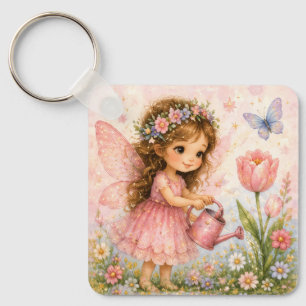 Flower Fairy Watering Pink Tulips Keychain