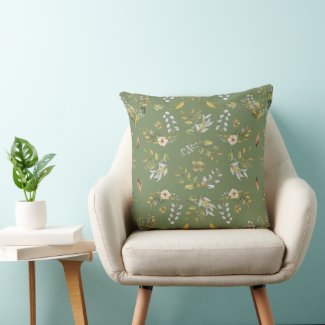 Flower Fall Seamless Cream, Sage, Khaki Green Throw Pillow