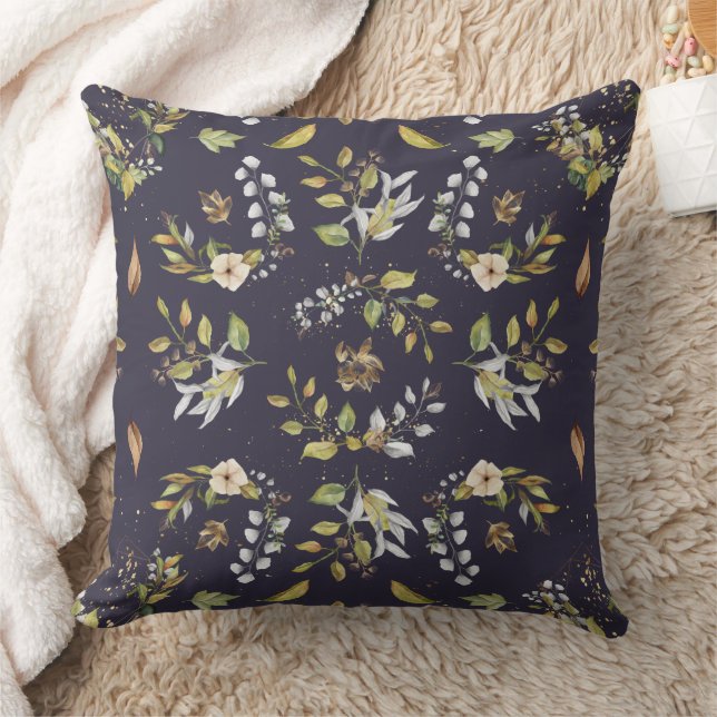 Flower Fall Seamless Cream, Sage, Navy Blue Throw Pillow (Blanket)