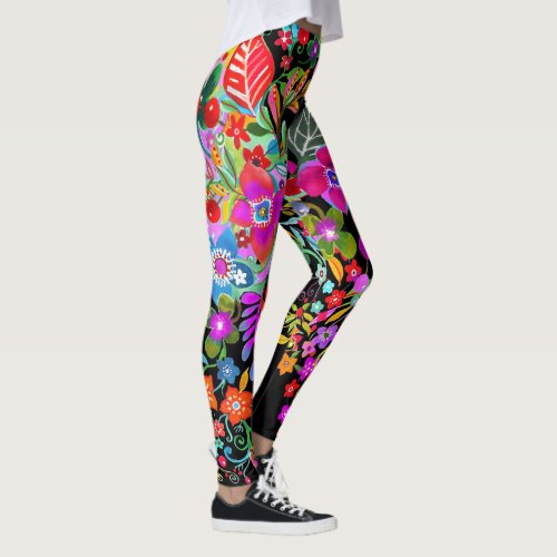 Flower Fantasy on Black Leggings