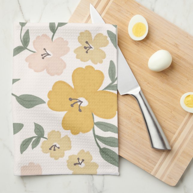 Flower Fields Floral - Cheerful Yellow & Pink Kitchen Towel (Quarter Fold)
