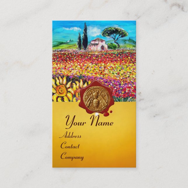 FLOWER FIELDS, HONEY BEE RED WAX SEAL ,BEEKEEPER BUSINESS CARD (Front)