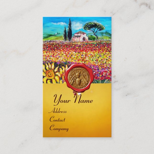 FLOWER FIELDS, HONEY BEE RED WAX SEAL ,BEEKEEPER BUSINESS CARD (Front)