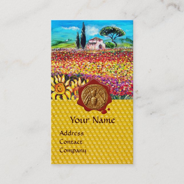 FLOWER FIELDS, HONEY BEE RED WAX SEAL ,BEEKEEPER BUSINESS CARD (Front)