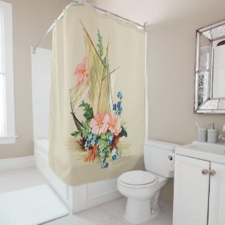 Flower Filled Vintage Oriental Style Sailboat Shower Curtain