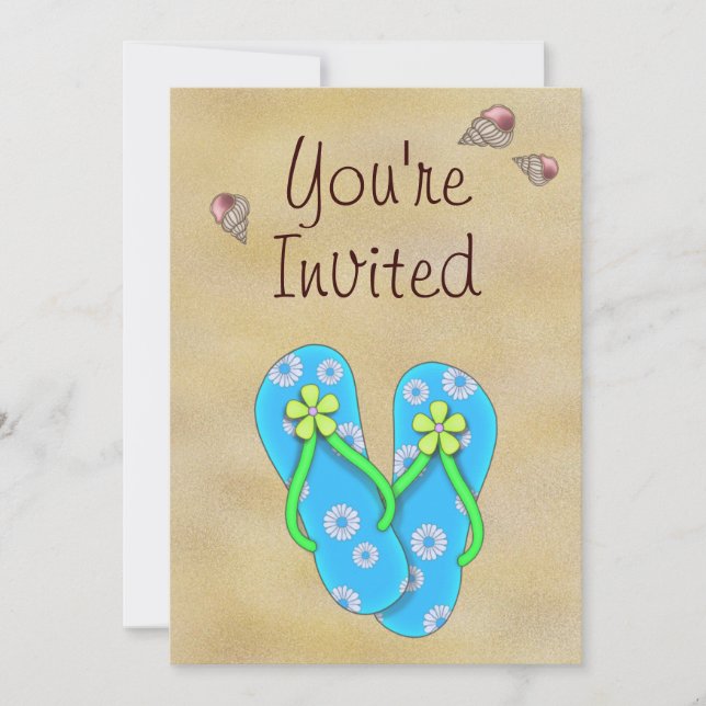 Flower Flip Flops, Seashells and Sand Birthday Invitation (Front)