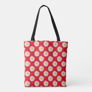 Flower floral print daisies on red pink tote bag