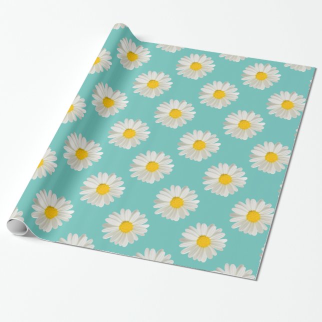 Flower floral print daisies on turquoise wrapping paper (Unrolled)