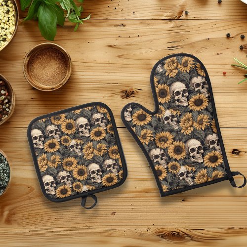 Flower Floral Sunflower Skull Goth  Oven Mitt  Pot Holder Set