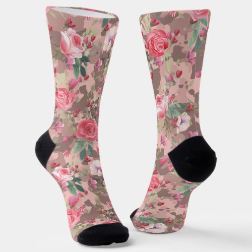 Flower Floral Watercolor Camouflage Rose Gold Pink Socks