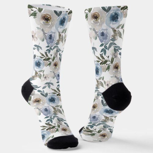 Flower Floral Watercolor Pattern Blue Rose  Socks
