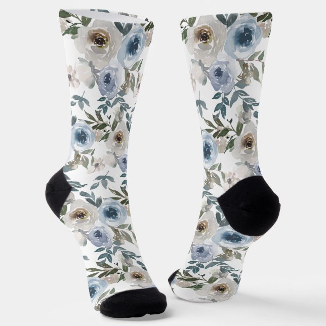 Flower Floral Watercolor Pattern Blue Rose  Socks (Angled)