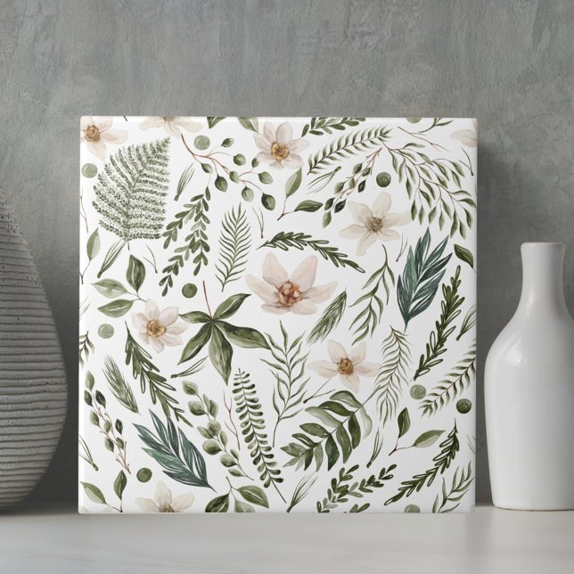 Flower Foliage Watercolor Seamless Floral Pattern Ceramic Tile (Close up)