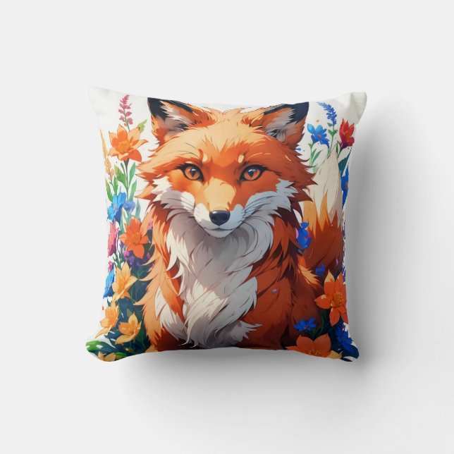 Flower Fox Throw Pillow (Front)