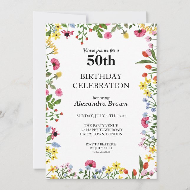 Flower Frame 50th Birthday Photo Party Invitation (Front)