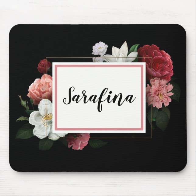 Flower Frame on Black Vintage Name Mousepad (Front)