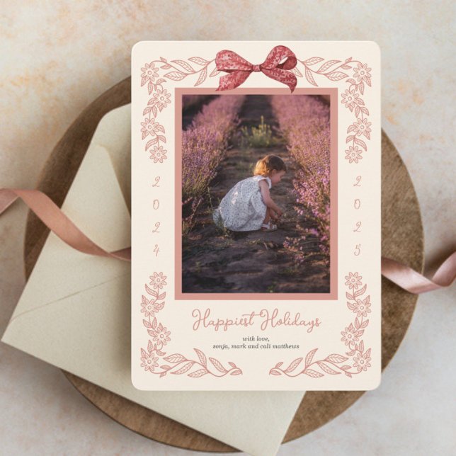 Flower Framed Holiday Bow Photo Holiday Card (Creator Uploaded)
