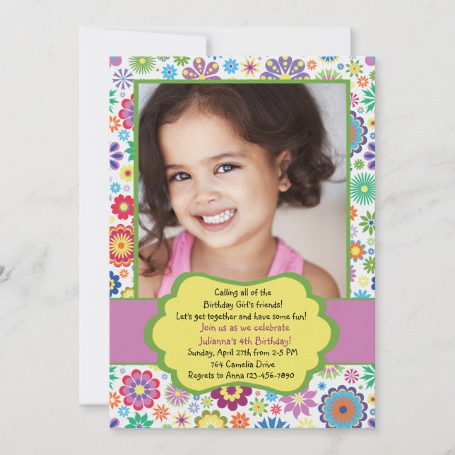 Flower Frenzied Photo Birthday Party Invitation (Front)