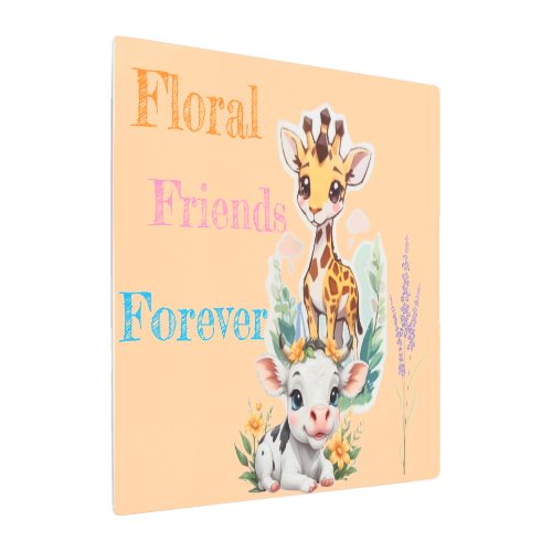 Flower Friends Baby Giraffe and Cow Art Metal Print