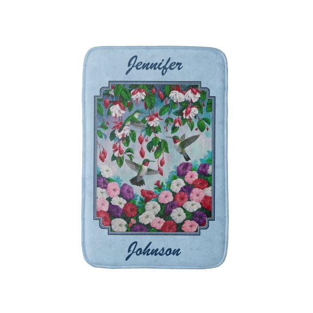 Flower Garden and Hummingbirds Blue Bath Mat (Front Vertical)