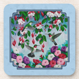Flower Garden and Hummingbirds Blue Beverage Coaster