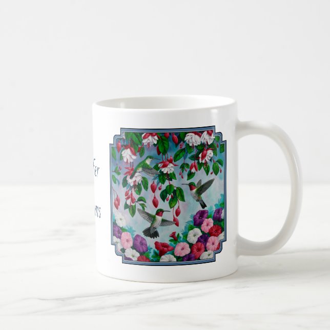 Flower Garden and Hummingbirds Blue Coffee Mug (Right)