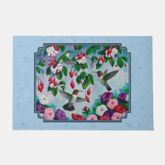 Flower Garden and Hummingbirds Blue Doormat