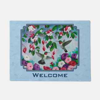 Flower Garden and Hummingbirds Blue Doormat