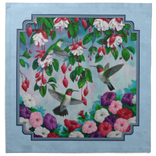 Flower Garden and Hummingbirds Blue Napkin
