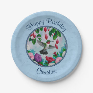 Flower Garden and Hummingbirds Blue Paper Plates