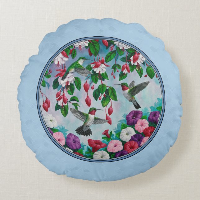 Flower Garden and Hummingbirds Blue Round Pillow (Front)