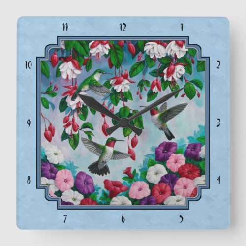 Flower Garden and Hummingbirds Blue Square Wall Clock