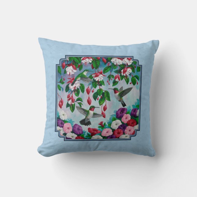 Flower Garden and Hummingbirds Blue Throw Pillow (Front)