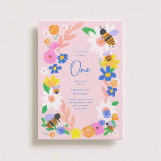 Flower Garden Bees 1st Birthday Invitation