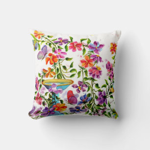 Flower Garden Bird Bath Throw Pillow