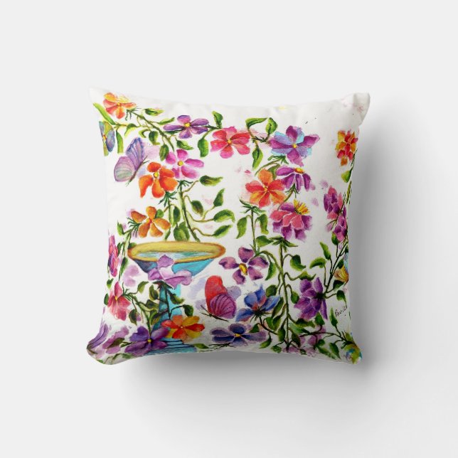 Flower Garden Bird Bath Throw Pillow (Front)