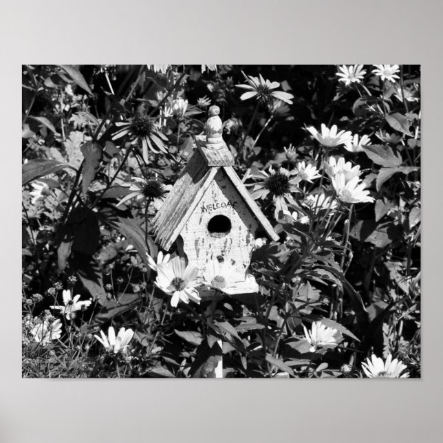 Flower Garden Bird House Black And White  Poster (Front)