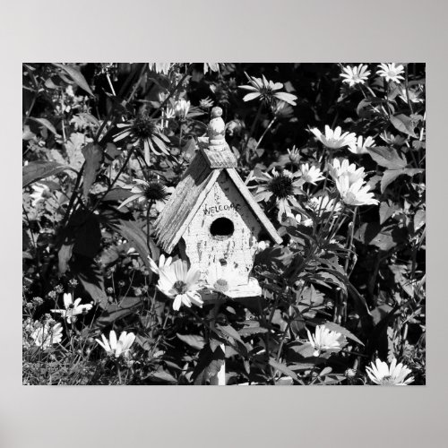 Flower Garden Bird House Black White Print