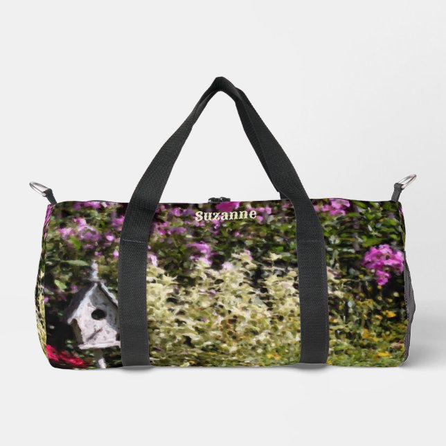 Flower Garden Birdhouse Art Personalized Duffle Bag (Front)