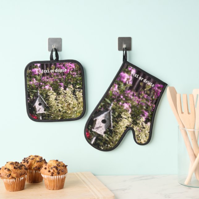 Flower Garden Birdhouse Art Personalized Oven Mitt & Pot Holder Set (Insitu(Hanging))