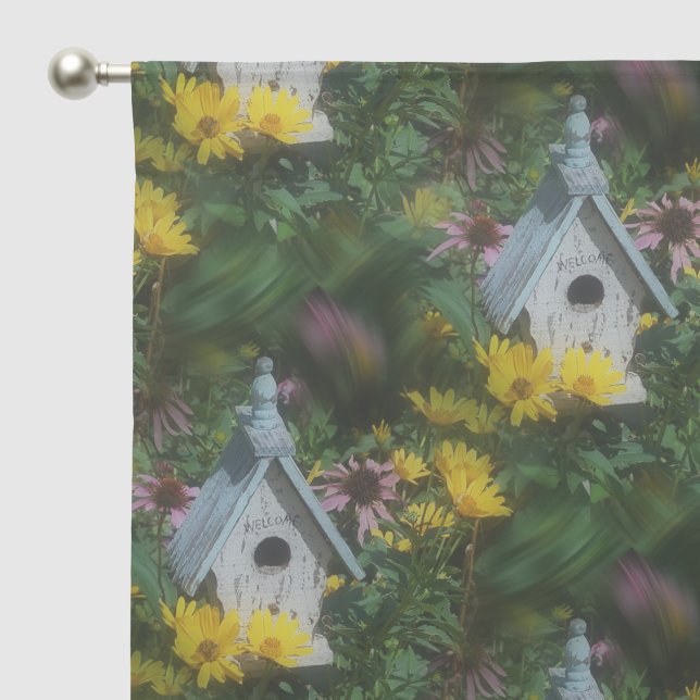 Flower Garden Birdhouse Nature Art Pattern  Sheer Curtains (Pocket)